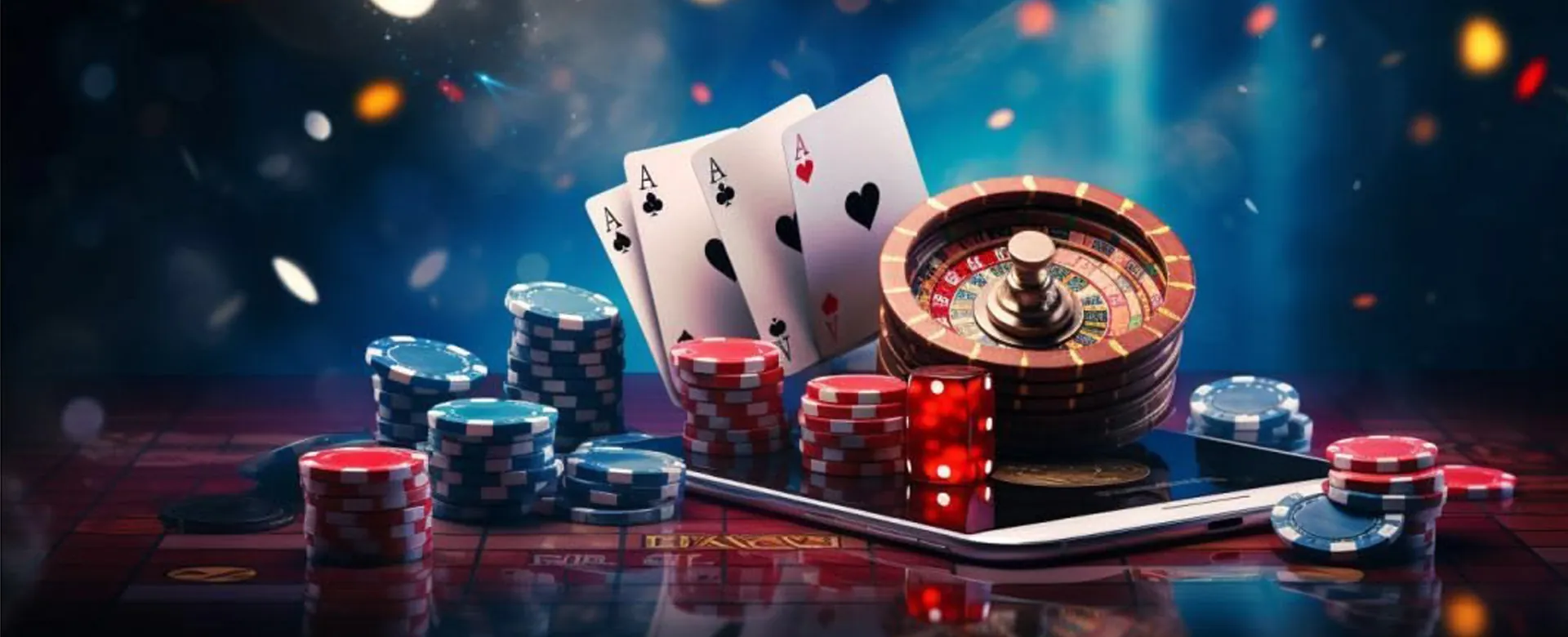Luxurious roulette table with chips and cards at okebet15